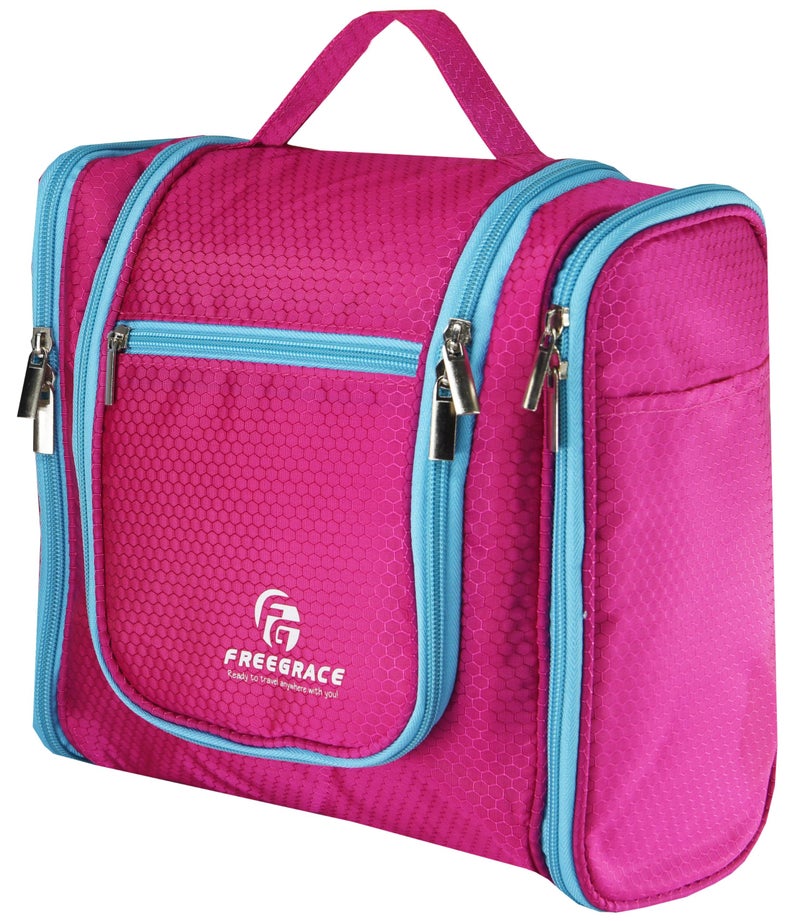 Freegrace Hanging Toiletry Bag Extra Large Capacity | Premium Travel Organizer Bags For Men And Women | Durable Waterproof Nylon Bathroom, Shower, Makeup Bag For Toiletries, Cosmetics, Brushes, Shampoo (Pink) - Image 1